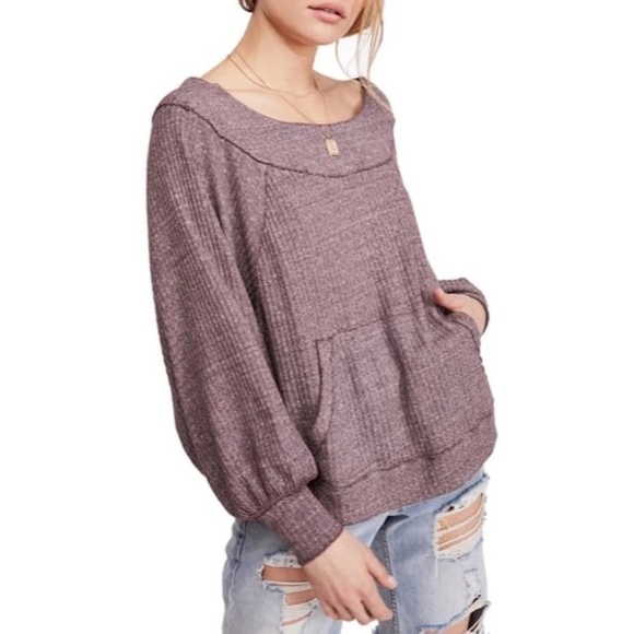 Free People Thermal Off Shoulder Blouse Washed Purple Oversized Fall, Size M - Picture 3 of 13